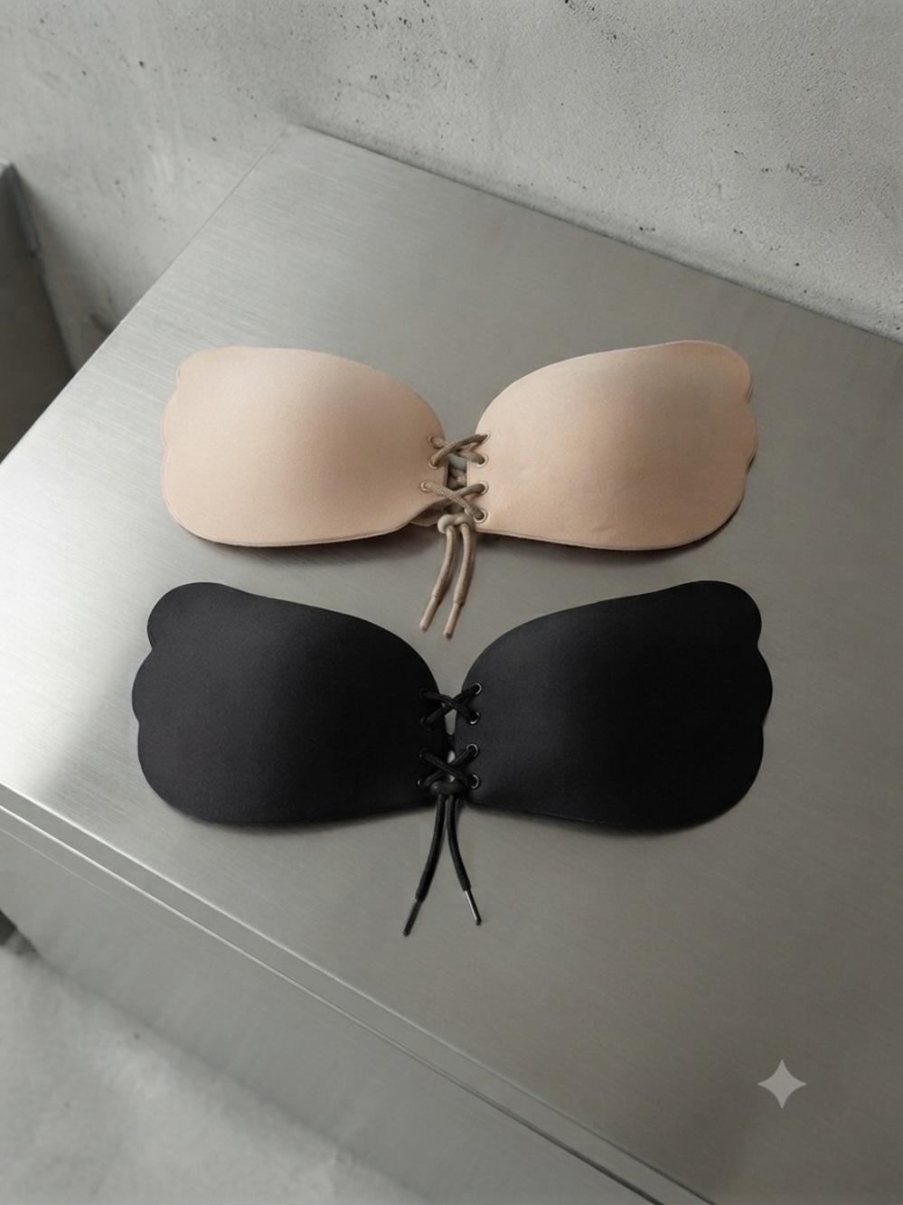 Two Lace-Up Strapless Adhesive Bandeau Bra — Black & Nude